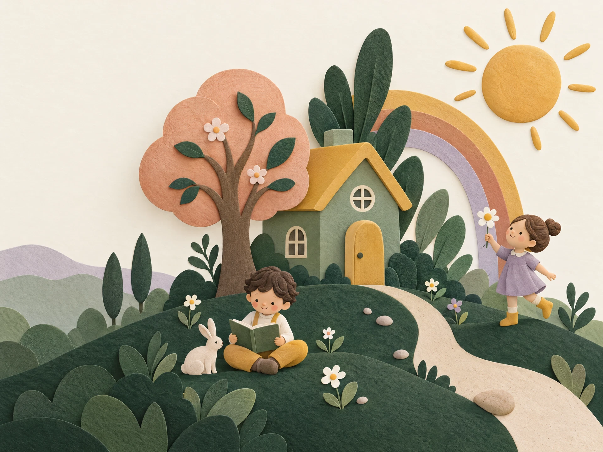 Spielerische Papierillustration mit einem kleinen Haus, einer Sonne und lesenden und entdeckenden Kindern